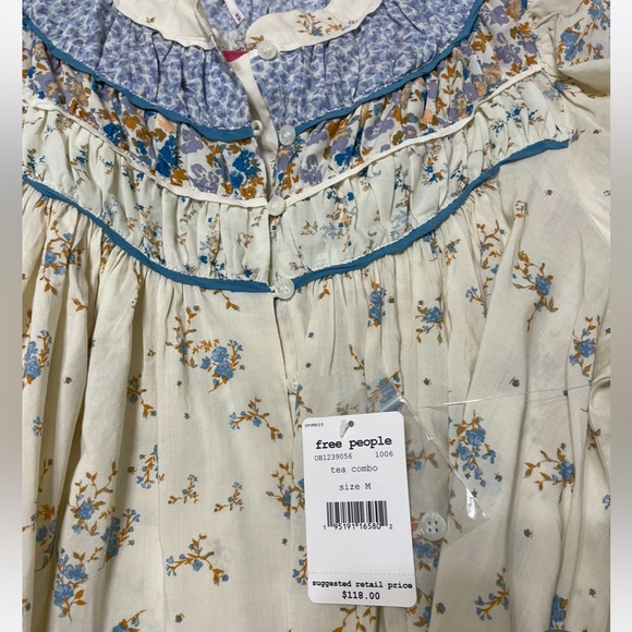FREE PEOPLE Paloma Ivory Blue Floral Print Boho Long Sleeve Button Shirt Medium - Picture 13 of 13